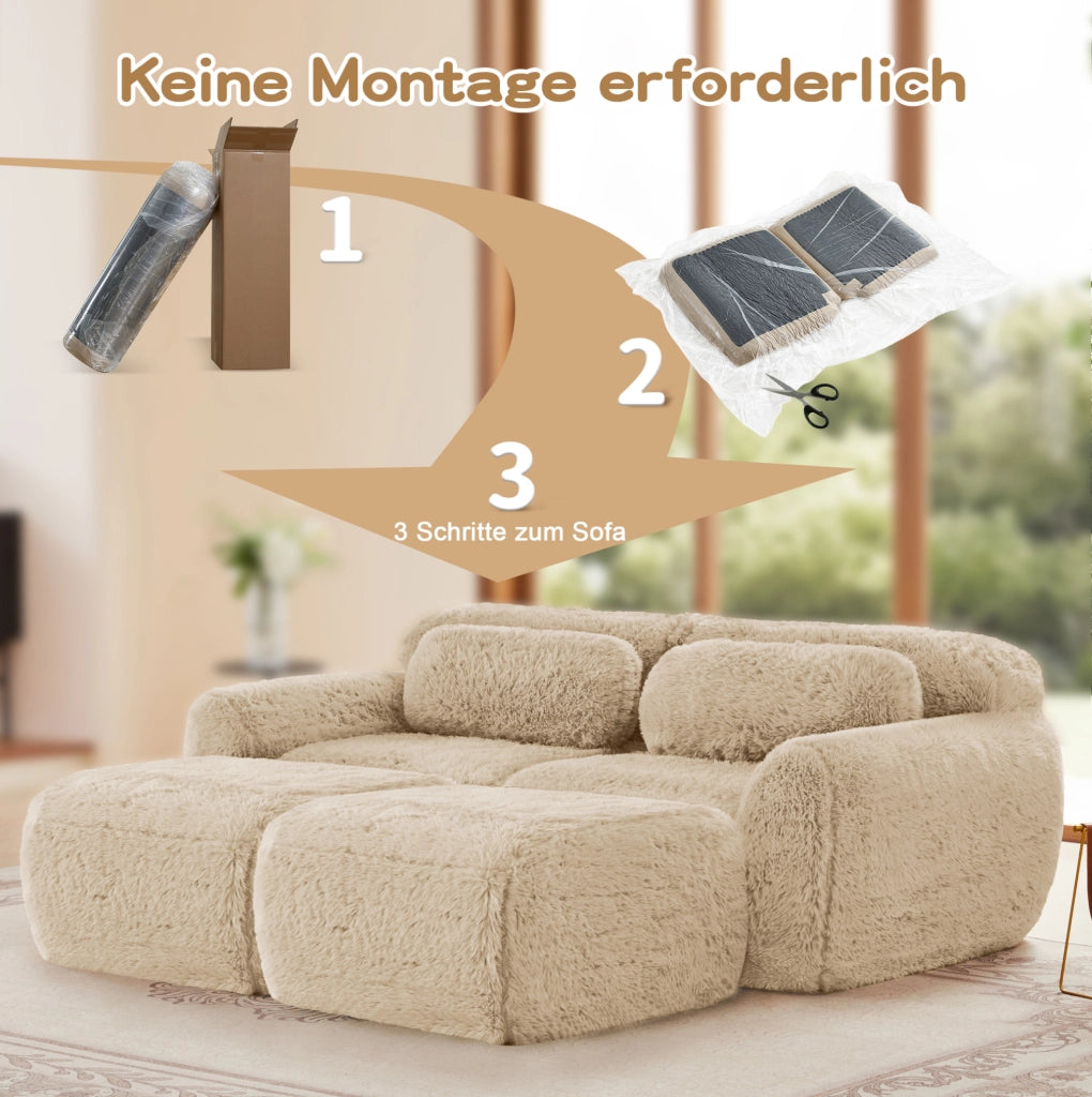 Divano modulare 2 posti con 2 pouf in tessuto peluche; kaki chiaro