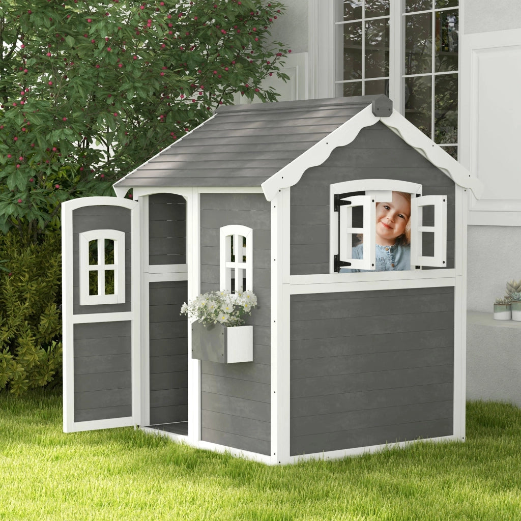 Casetta per Bambini 3-8 Anni con 6 Finestre e Fioriera 104,5x110x137 cm in Legno di Abete Grigia