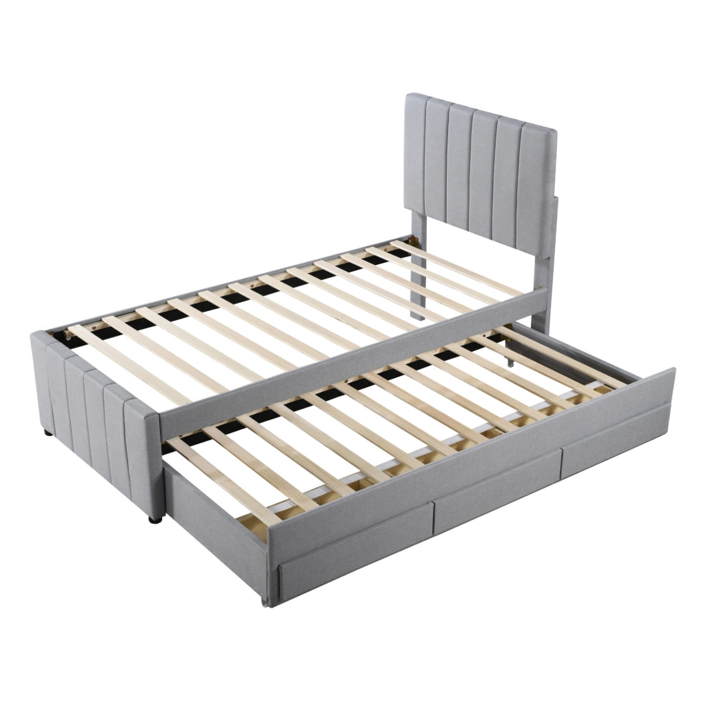 Letto imbottito con letto estraibile e 3 cassetti; testiera regolabile; 204x90x118 cm; grigio
