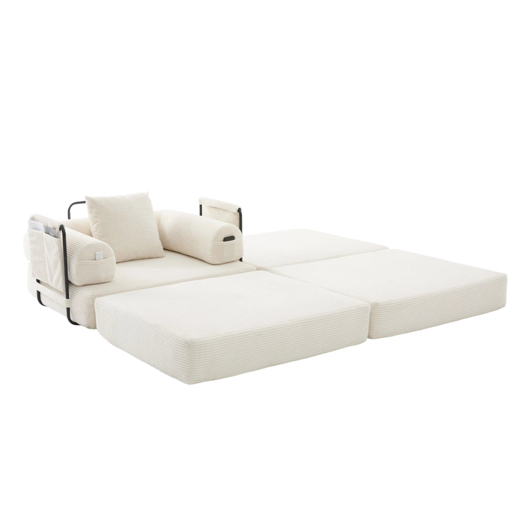 Poltrona modulare in velluto a coste beige con pouf e cuscino