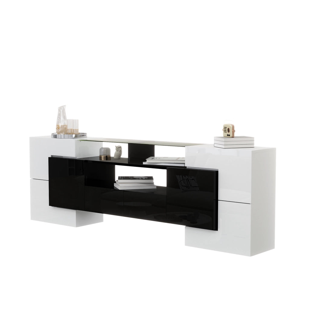 Mobile TV con 6 Ante; 2 Cassetti e LED; Bianco e Nero Lucido; 200¡Á35¡Á60 cm; in Pannello Truciolare