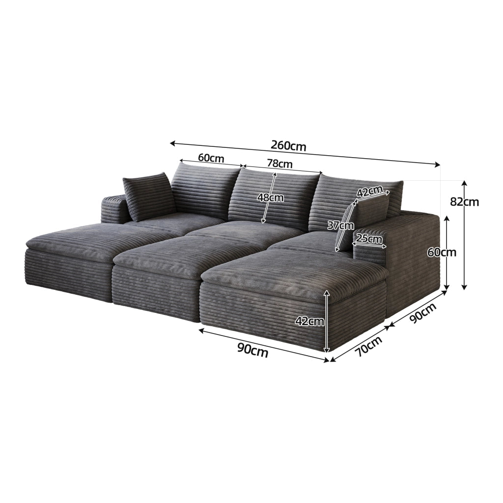 Divano Cloud 260cm in Tessuto Velluto a Coste ¨C MINIMAL ¨C Grigio Scuro, Imbottito, Senza Montaggio