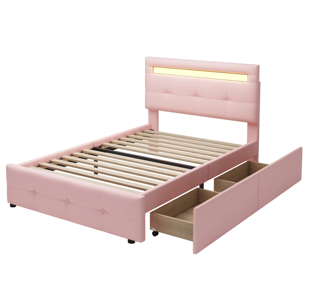 Letto singolo imbottito 90x200 cm con LED e 2 cassetti rosa