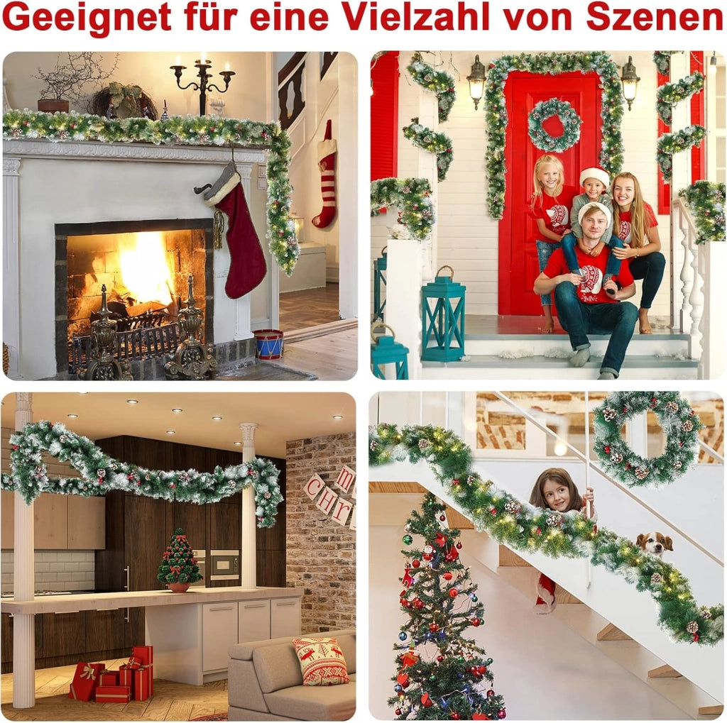Ghirlanda natalizia con illuminazione, 800 cm, ghirlanda di abete natalizio, funzionamento a batteria con pigne rosse, decorazione natalizia per esterni