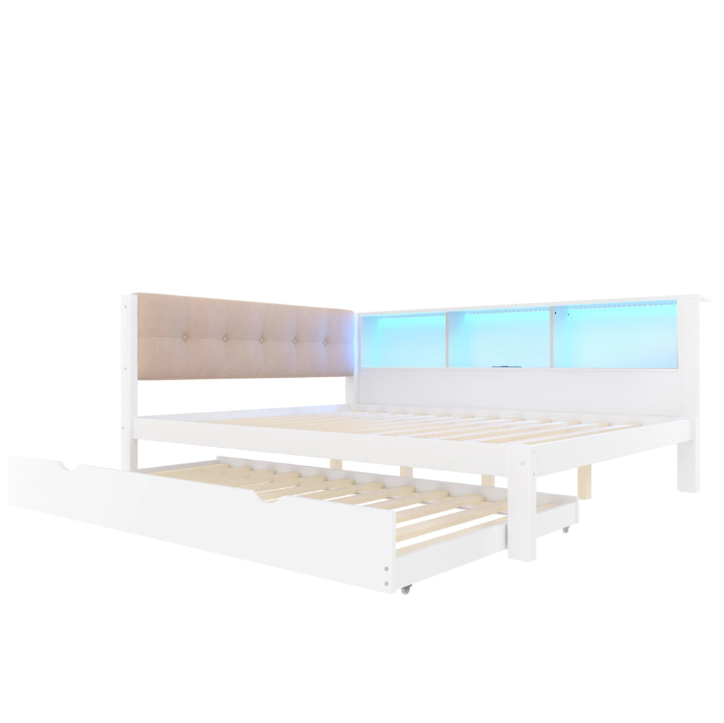 Letto estraibile 140x200 cm con LED; USB e ripiani in legno di pino e MDF bianco