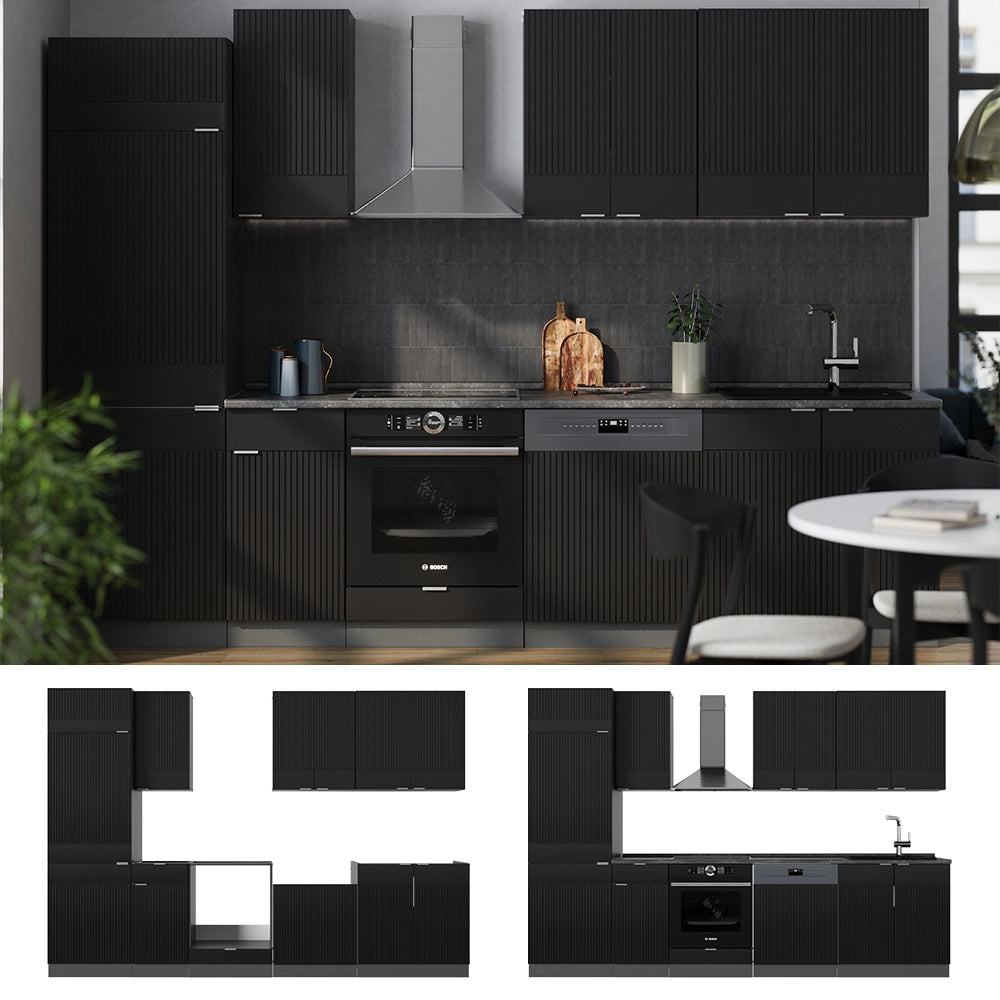 Cucina componibile Fame-Line Nero rigato/Antracite 300 cm senza piano di lavoro Vicco