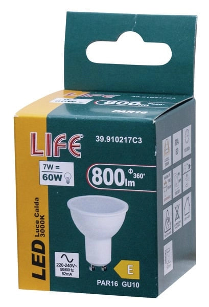 LAMPADA dicroica LED PAR16 GU10 LIFE ELECTRONICS 175-250V 7W 800lm 3000K