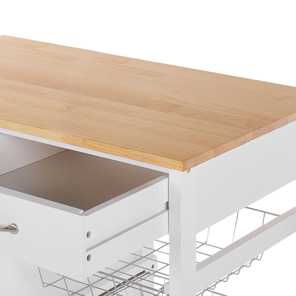 Carrello Cucina Legno Pino Bianco 2 Cassetti 1 Mobiletto 2 Scaffali Ruote Soggiorno