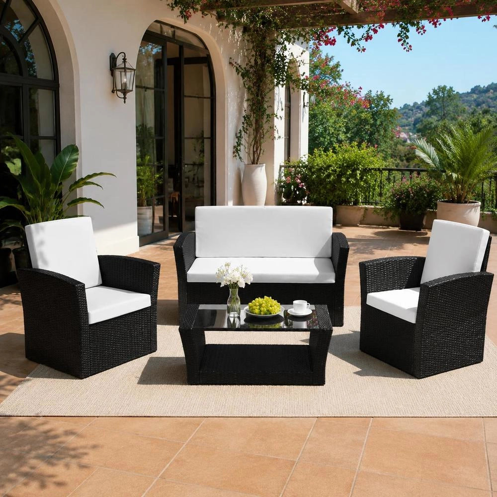 4-piece Garden Lounge Set With Cushions, Poly Rattan, Black