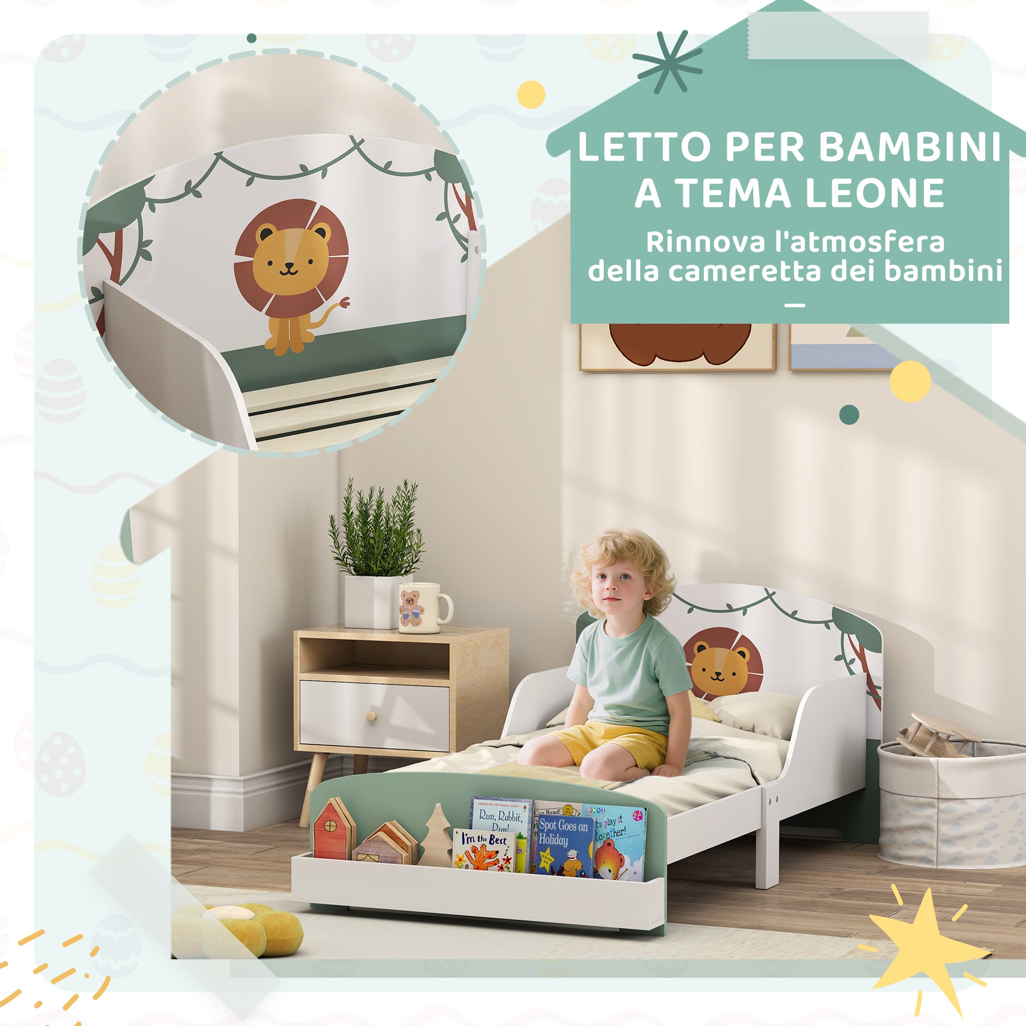 Letto Basso per Bambini 3-8 Anni 150x77x60 cm con Spazio Contenitore e Sponde Laterali in MDF Verde
