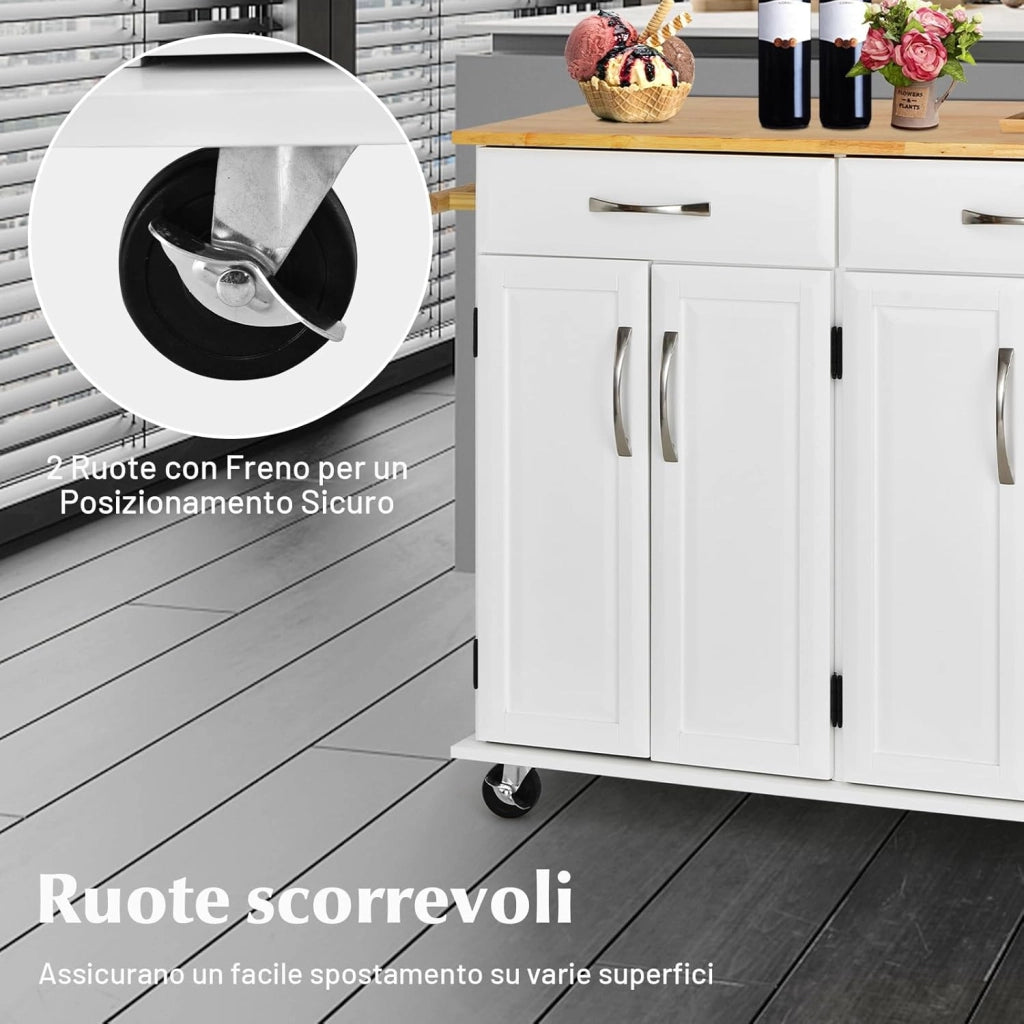 Carrello da Cucina con Cassetti, Isola Cucina con Piano in Legno di Gomma, con 4 Ante Ripiani Regolabili e Porta Asciugamani, per Cucina Bar Ristorante, 122x48x93 cm (Bianco)