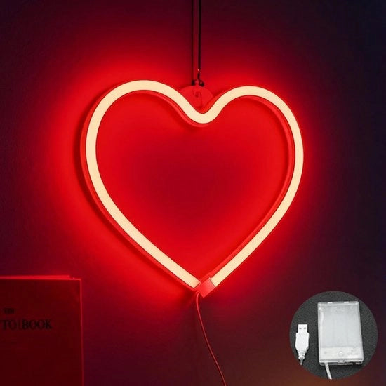Decorazione per Parete Neon Rood Cuore - LED - Dimensioni 21 x 20 cm - 2 Pezzi - alimentato da USB o Batteria