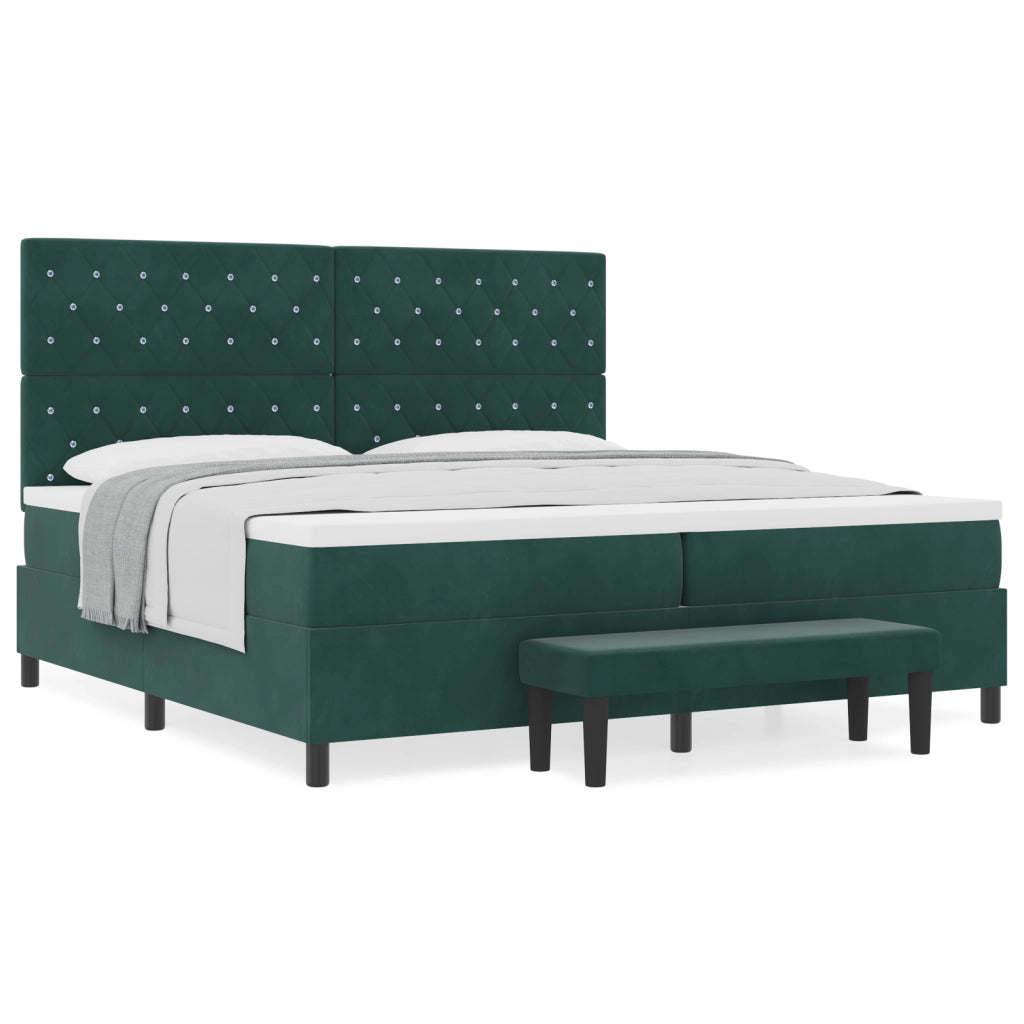 Letto a molle con materasso e panchina verde scuro 200x200 cm velluto