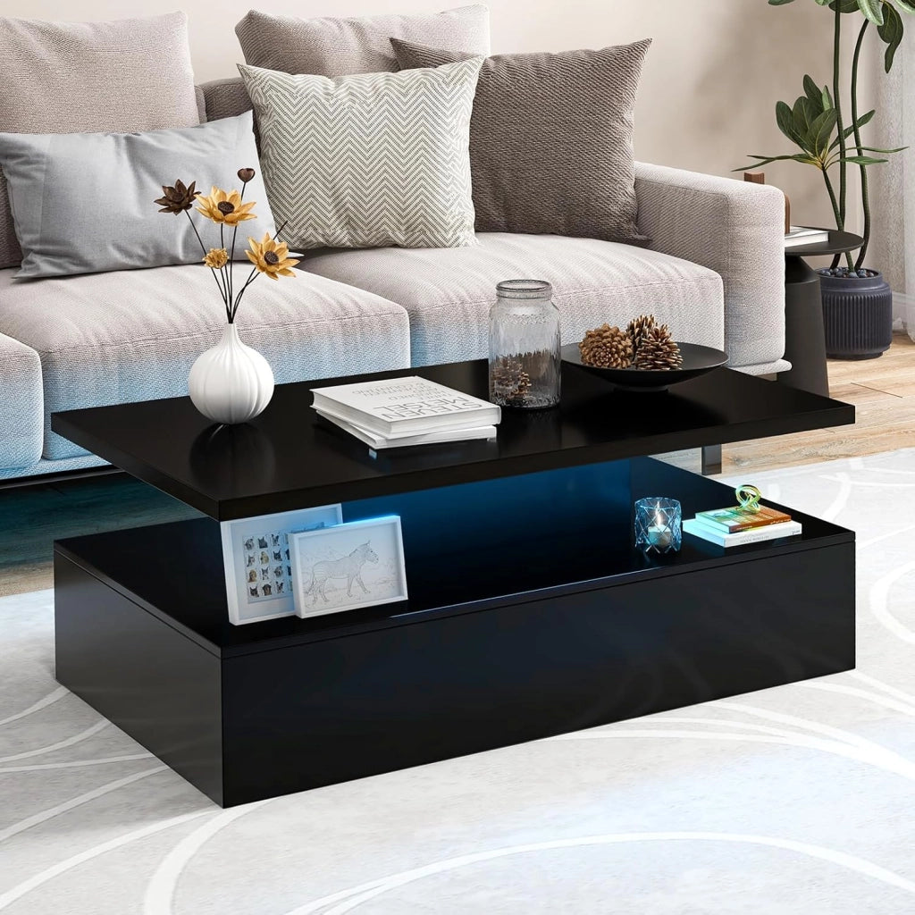 Tavolino da salotto con illuminazione dinamica a LED, tavolino da tè con colori di luce e luminosità regolabili, lucido, moderno tavolino a 2 livelli, 110 x 60 x 40 cm