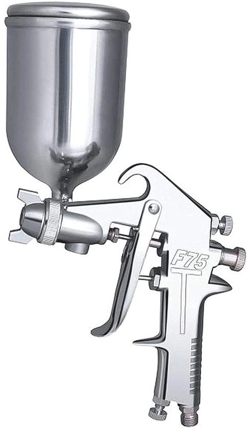 Spuitpistola F-75G - sistema di spruzzo verniciatura - bicchiere di 400cc in alluminio - bocchetta di 1,5 mm - adatto per vernici e smalti - ideale per hobby e professionisti.