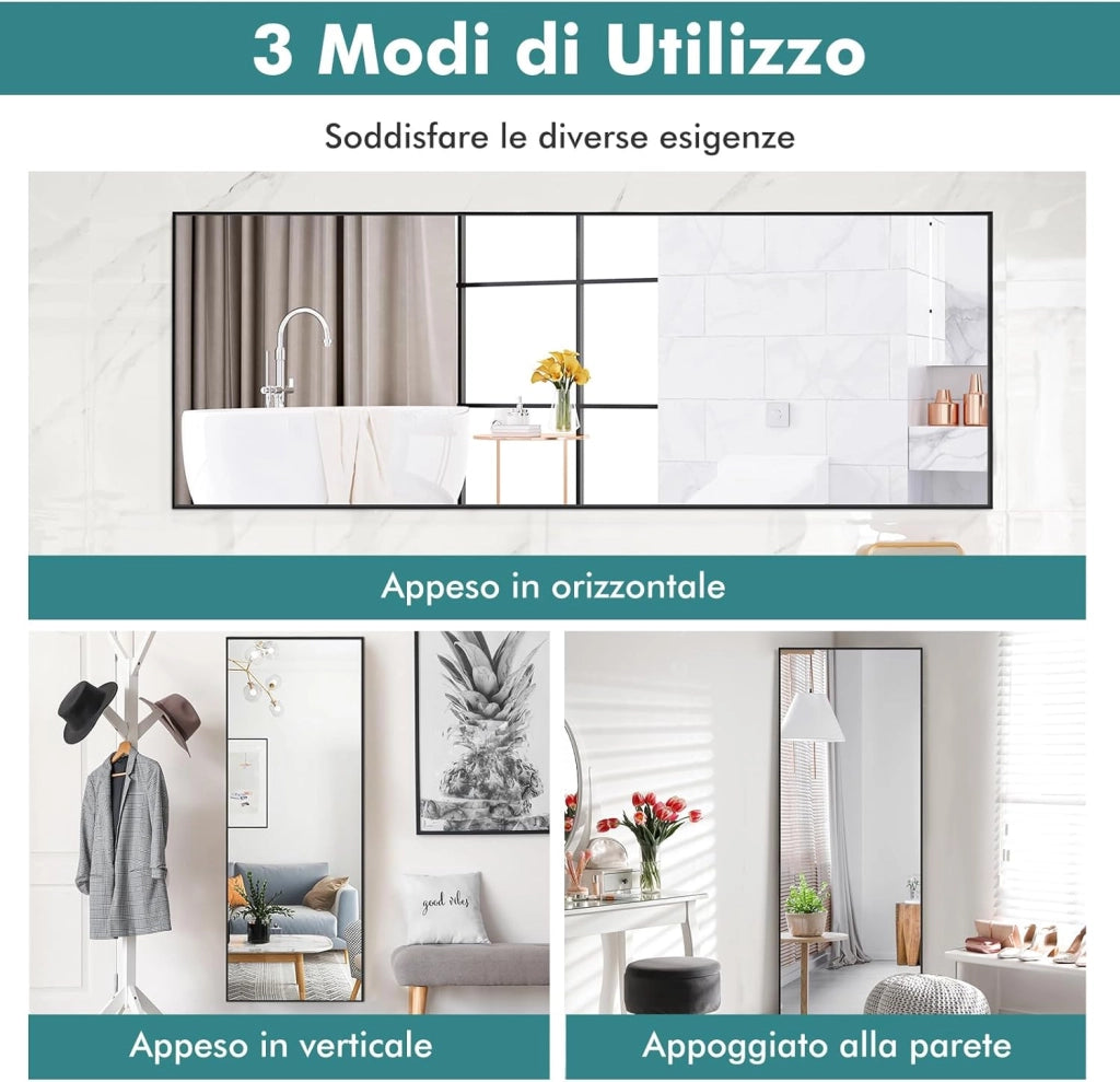 2 in 1 Specchio Lungo da Parete, Specchio a Figura Intera con Telaio Rettangolare in Alluminio e Vetro Antiesplosione, Specchio da Terra per Ingresso Bagno, 56 x150 cm (Nero)