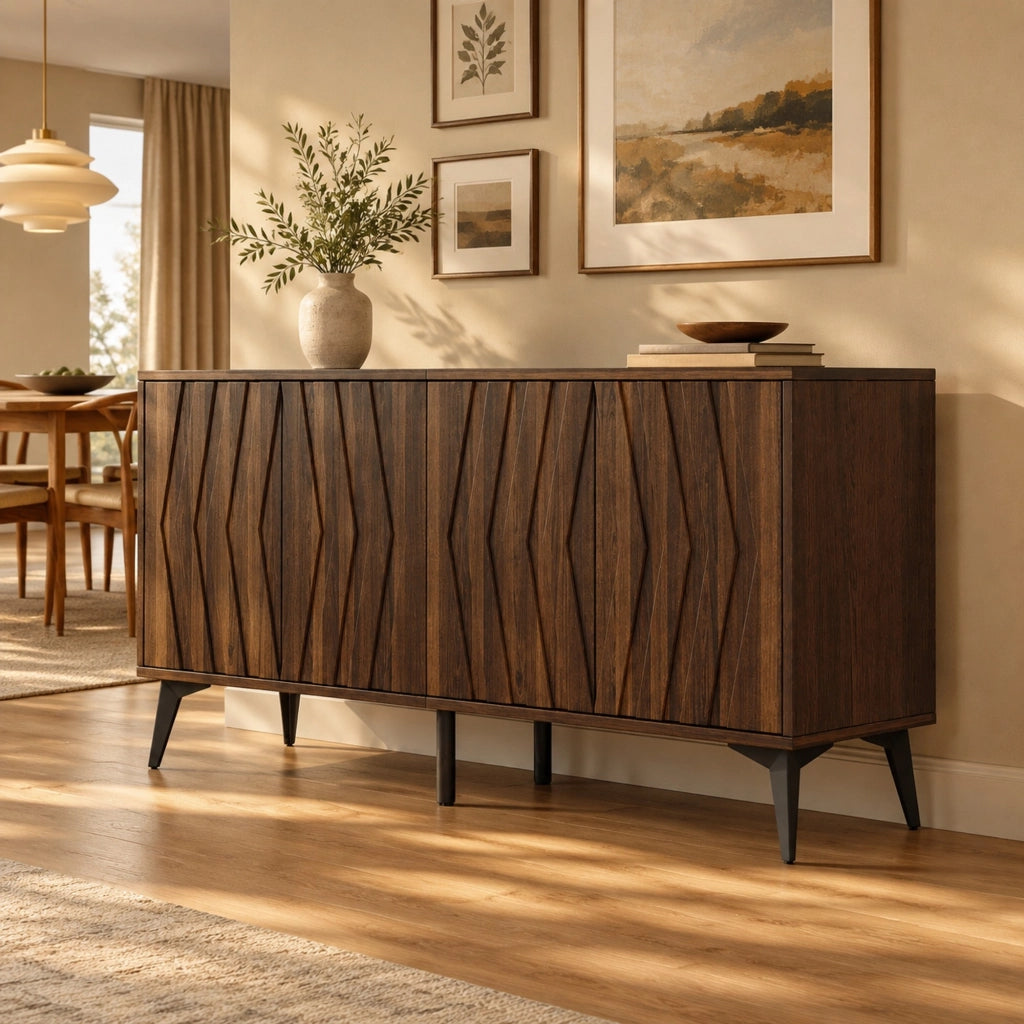 Credenza con 4 ante e ripiani regolabili 140x35x70 cm in MDF e truciolare color noce