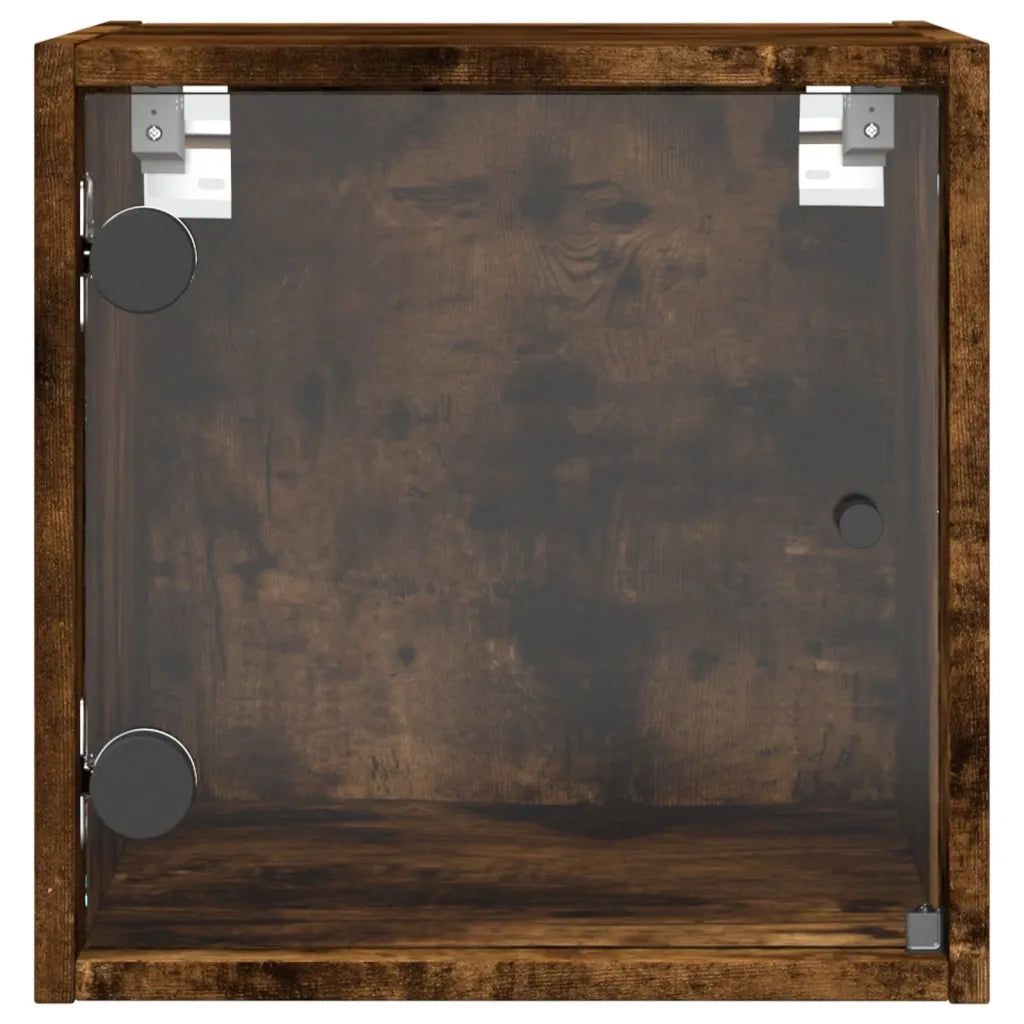 Set di 2 Comodini | Armadio da Notte | Mobiletto da notte con Ante in Vetro Rovere Fumo 35x37x35 cm