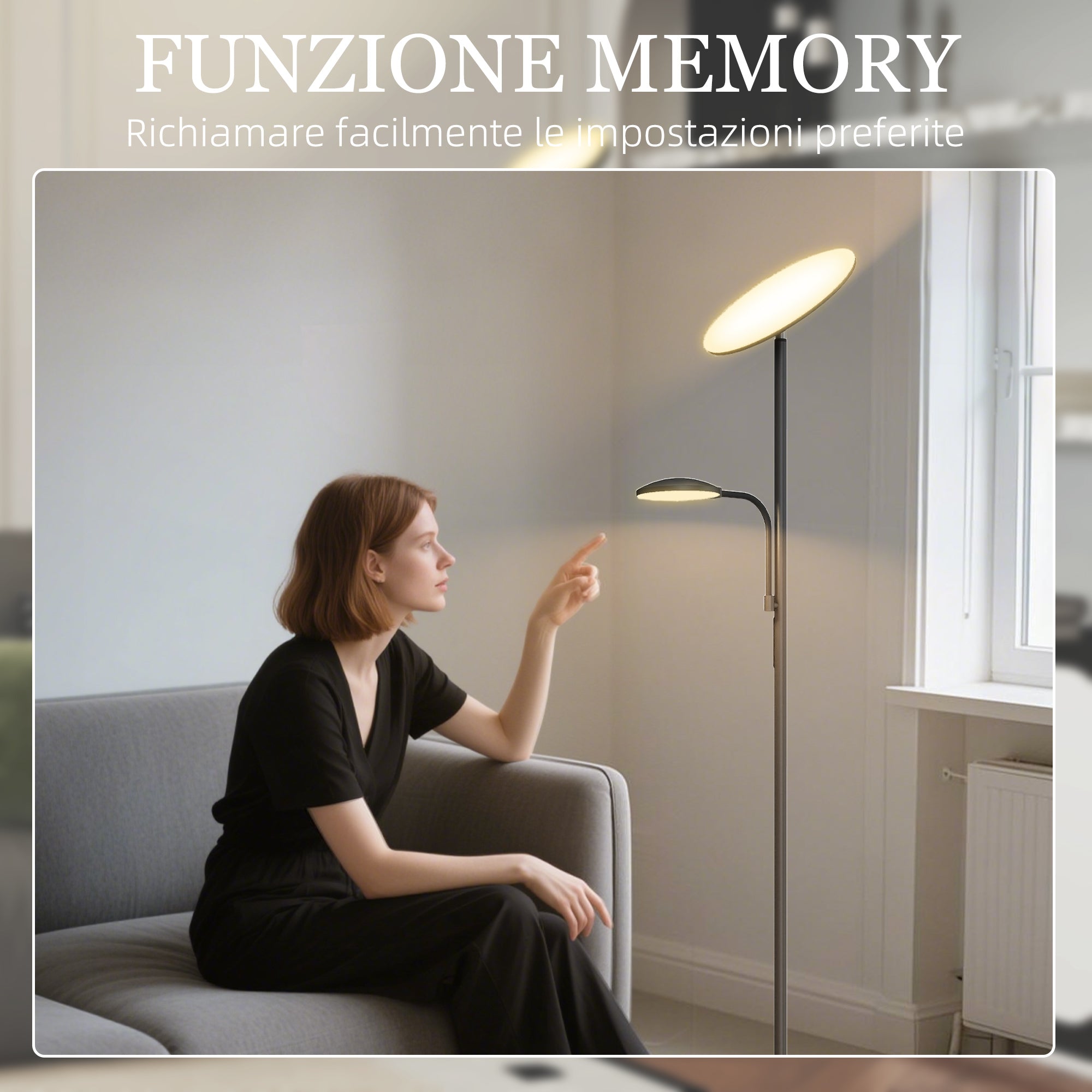 Lampada da Terra con 2 Punti Luce LED Regolabile Temperatura 2700K-6500K con Telecomando in Metallo e PC Nero
