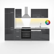 Cucina componibile Optima, Antracite lucido/bianco, 270 cm senza piano di lavoro con striscia LED, adatto per disposizione e ampliamento personalizzati