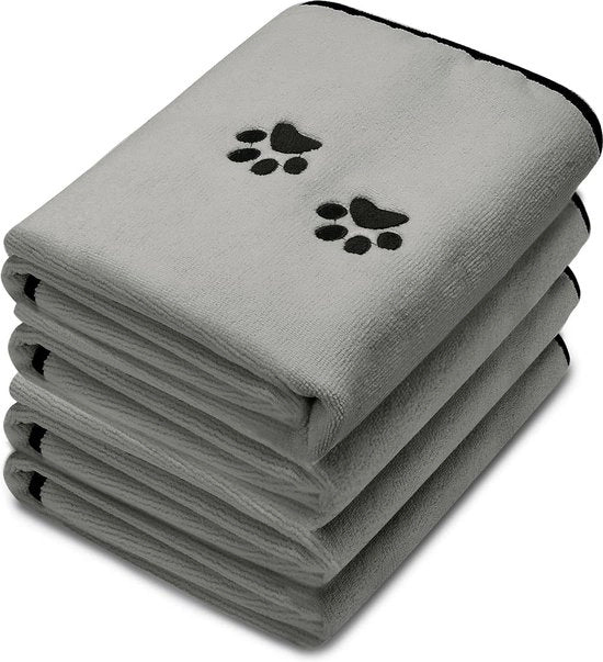 Set di 4 asciugamani per cani in microvezza, morbidi, assorbenti, asciugamano per il bagno dei cani, asciugamano per la cura della pelliccia con zampe ricamate, per cani, cura del bagno, grigio, 90 x 50 cm