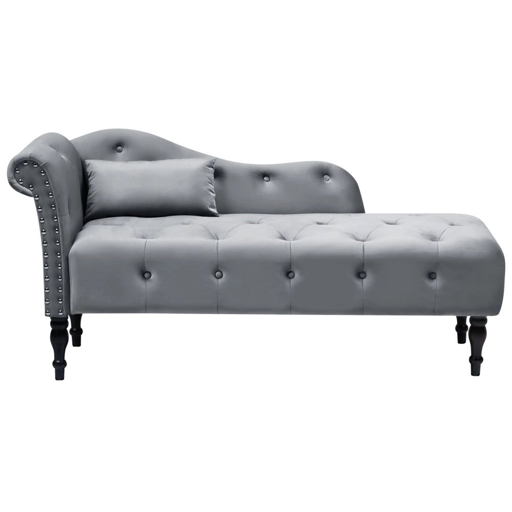 Chaise longue in velluto grigio imbottito con rivestimento a sinistra e cuscino in stile retrò tradizionale