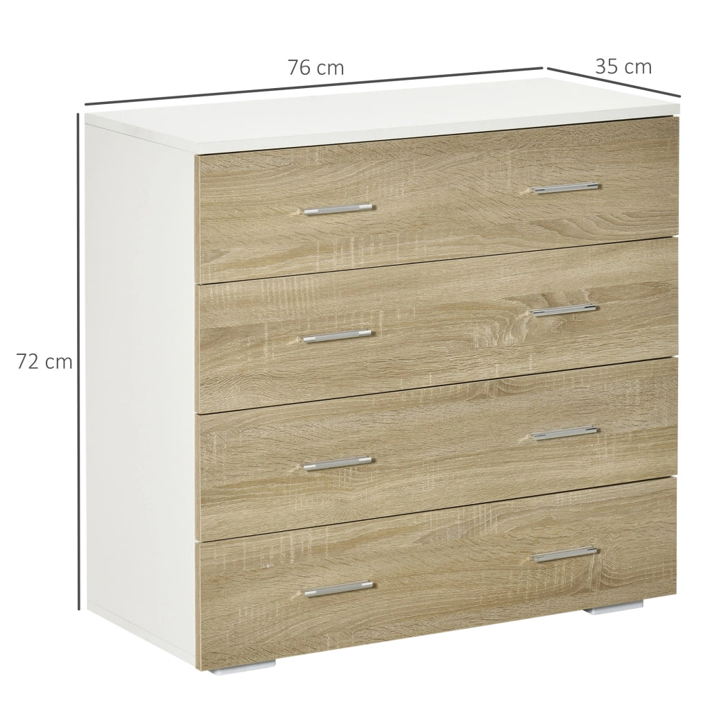 Cassettiera 4 Cassetti in Legno e Maniglie in Alluminio. 76x35x72cm. Bianco e Rovere