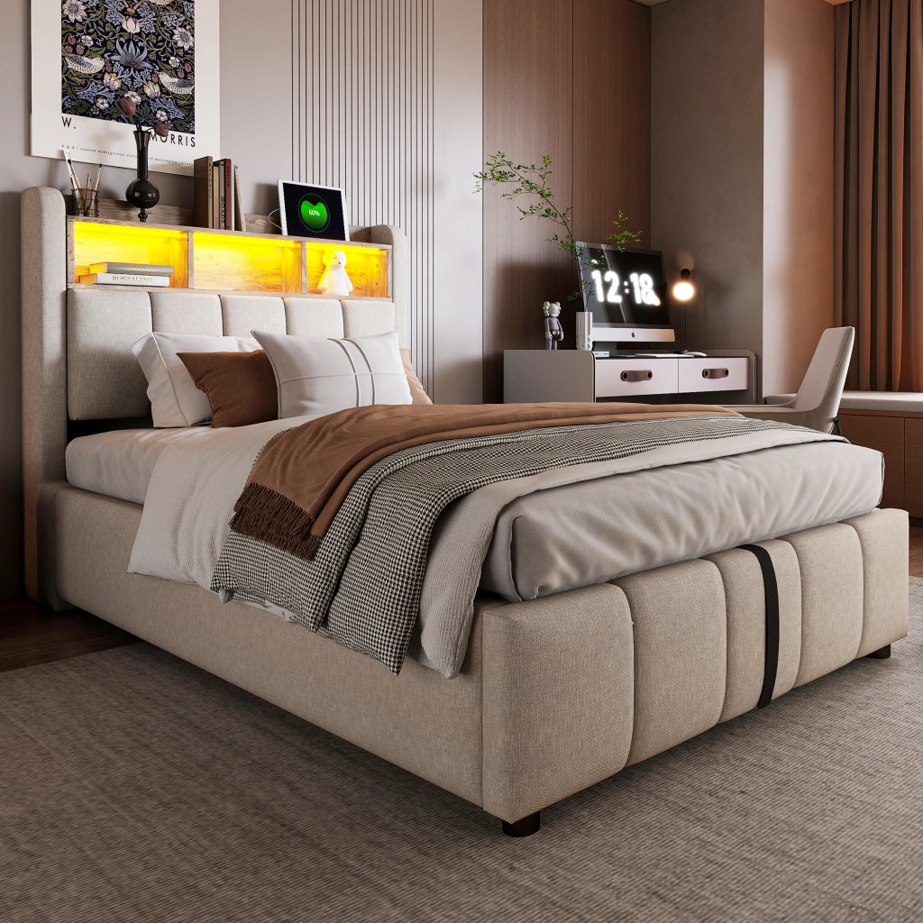Letto imbottito 90x200 cm in tessuto effetto lino con LED, USB-C e vano contenitore idraulico, beige