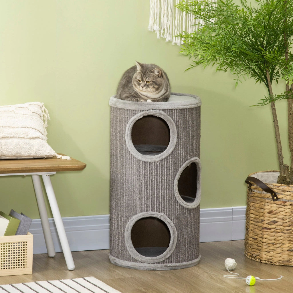 Cuccia per Gatti Tiragraffi 3 Ripiani Ø38x70 cm in Sisal e Peluche Grigio Chiaro