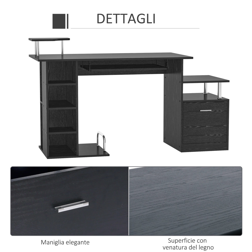 Scrivania per Computer con Cassetti e Ripiano Tastiera ¨C zephmum ¨C Legno Nero 152x60x88cm