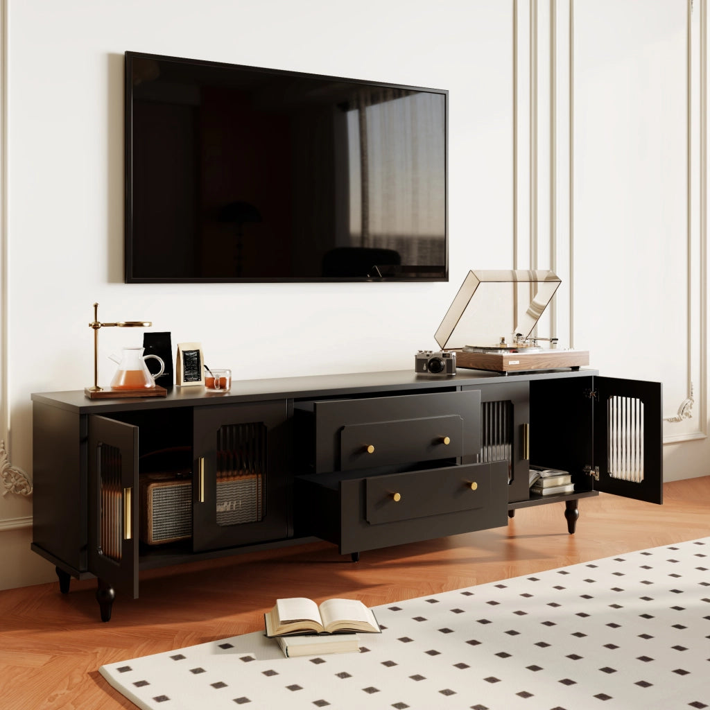 Mobile TV 175x38x55;5 cm; porte in vetro rigato e cassetti push-to-open; truciolare nero
