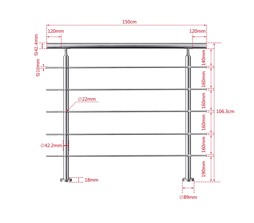 Balaustra Corrimano Ringhiera in acciaio inox 304 spazzolato 150x106cm per interni ed esterni 5 barre trasversali