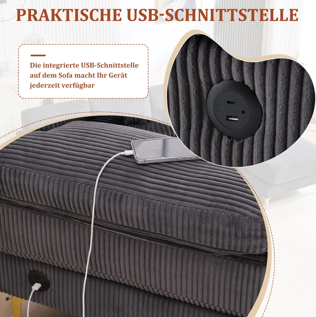 Divano a U con LED e porta USB 265x135x88 cm; in velluto grigio