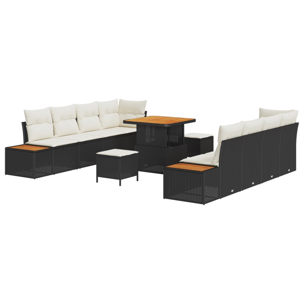 Set Divano da Giardino 11 Pezzi con Cuscini Nero Polyrattan Acacia