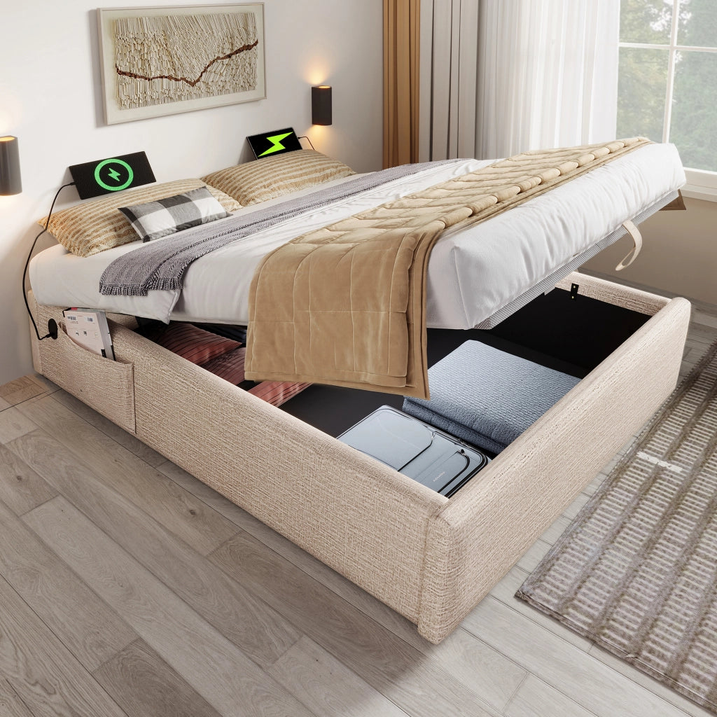 LETTO Contenitore 140x200 cm in lino naturale senza testiera USB/Type-C