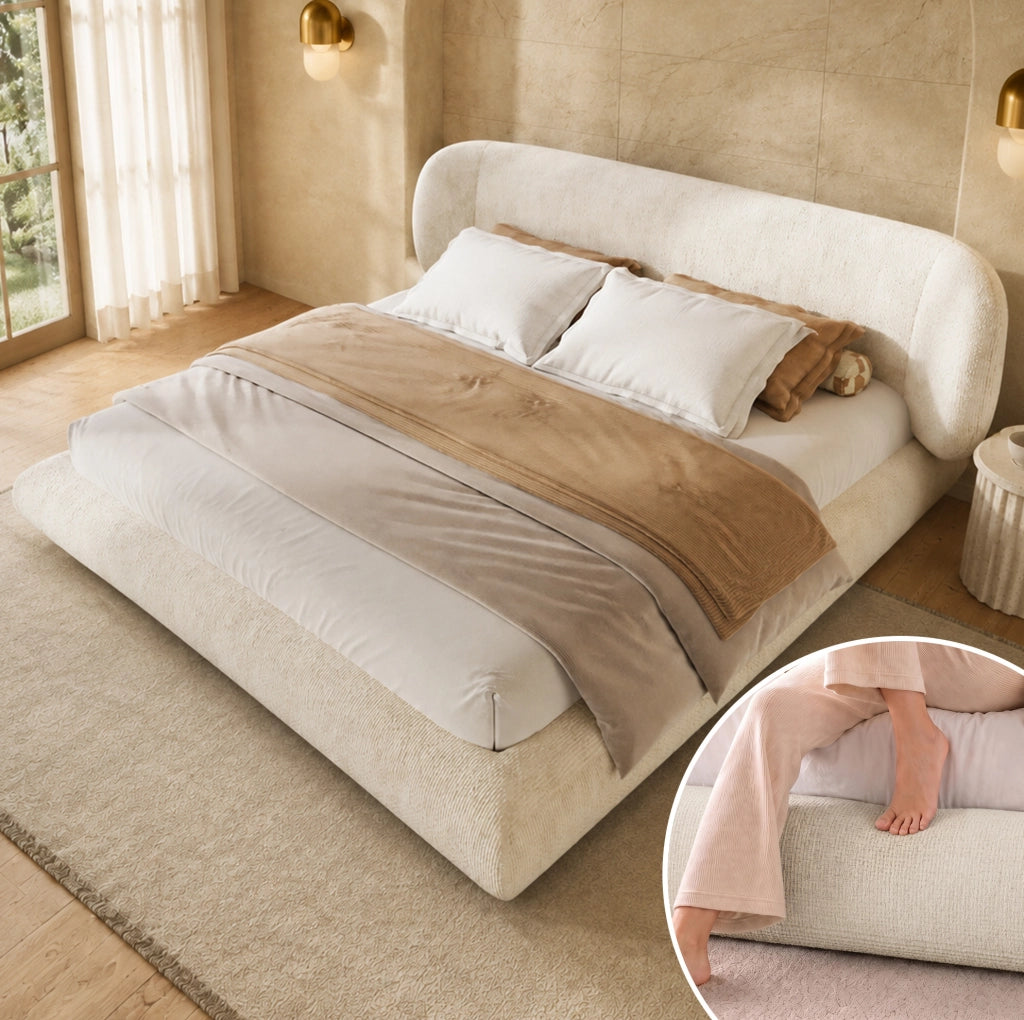Letto matrimoniale imbottito 140 x 200 cm in ciniglia beige con rete a doghe