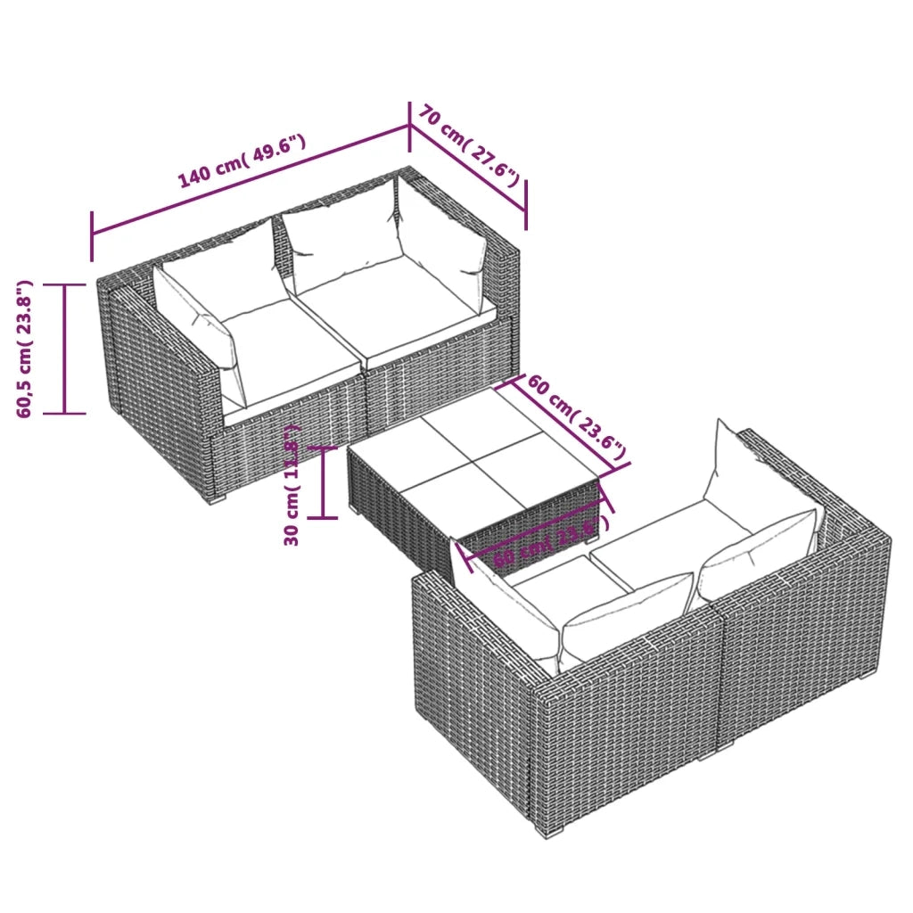 Set Divani da Giardino 5 pz con Cuscini in Polyrattan Nero 3101481