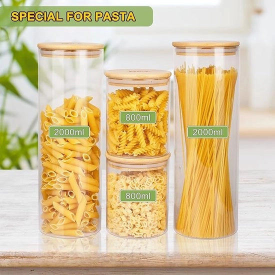 Set di conservazione per spaghetti in vetro di 4 contenitori di riserva 5,6 l con coperchio in bambù - in 2 misure: 2000 ml 800 ml - contenitori di conservazione a tenuta di aria per spaghetti e noodle in vetro di borosilicato resistente.