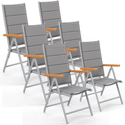 Sedia da giardino con schienale alto, pieghevole, set da 6 sedie da balcone, braccioli in WPC, con schienale trapuntato, seduta regolabile in 7 posizioni, fino a 120 kg, per sala da pranzo