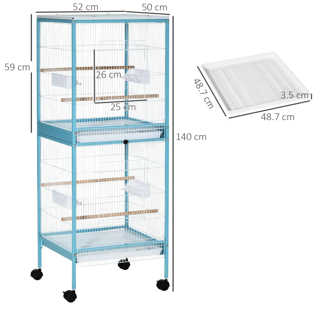 Gabbia per Uccelli 2 in 1 Voliera da Interni con 4 Ruote e Vassoi Estraibili, 51.5x50x140cm
