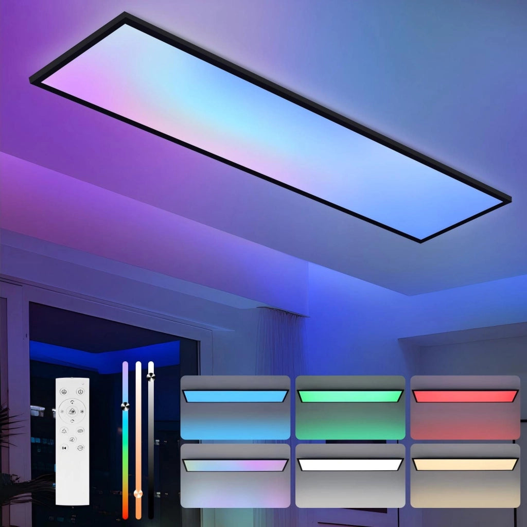 ZMH Plafoniera LED da Soffitto 100x25 cm Dimmabile RGB Cambio Colore Piatto con Telecomando 24W Nero Rettangolare