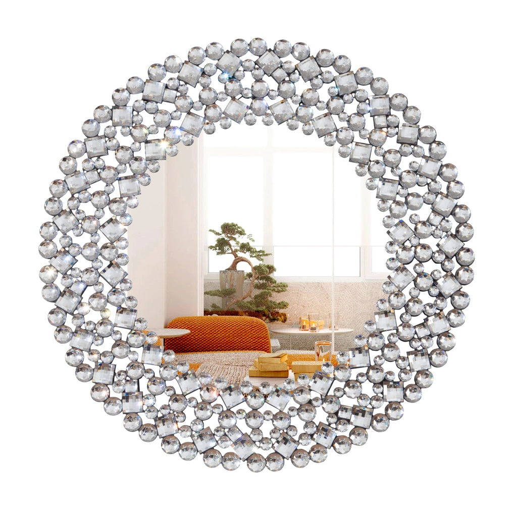 Specchio da parete rotondo ULEVR 86,4 cm con cornice decorativa effetto cristallo, argento