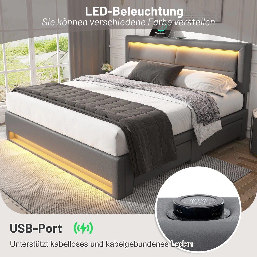 OKWISH Letto con Cassetti 140×190 cm, Letto Matrimoniale con USB, Ricarica Wireless, LED Regolabile e 4 Cassetti, senza Materasso, PU, Grigio