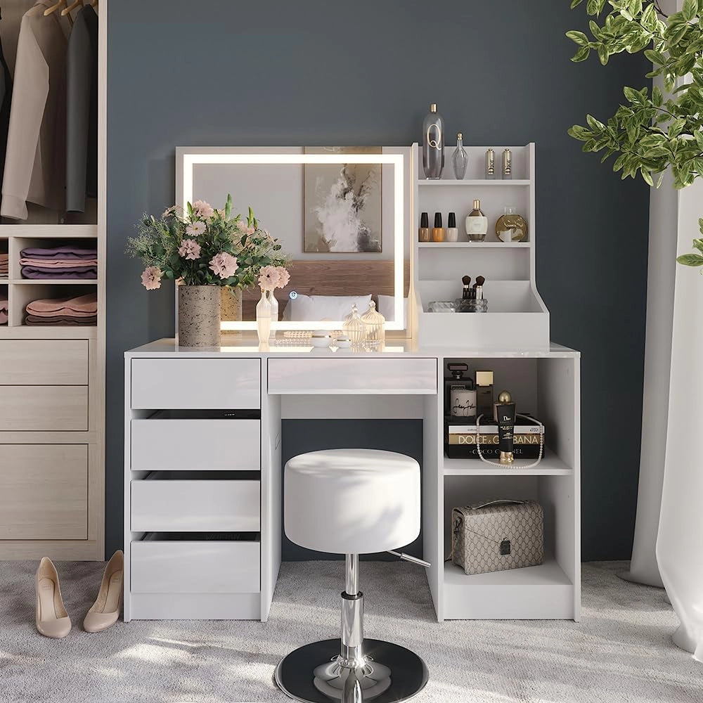 Tavolo da toeletta Sherry, Bianco/bianco lucido, 128.2 cm 4 parti
