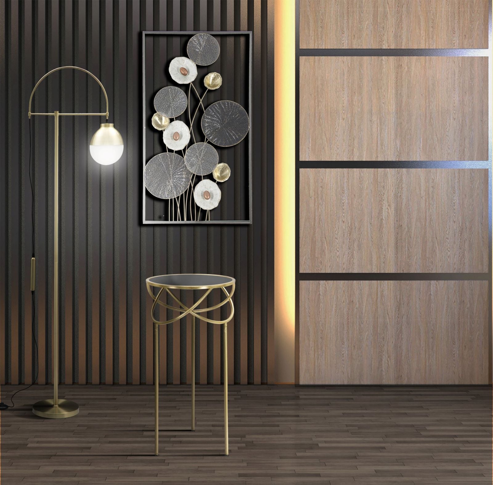 Porta Telefono Ring Ø40x80 cm in Ferro MDF e Specchio Nero e Oro