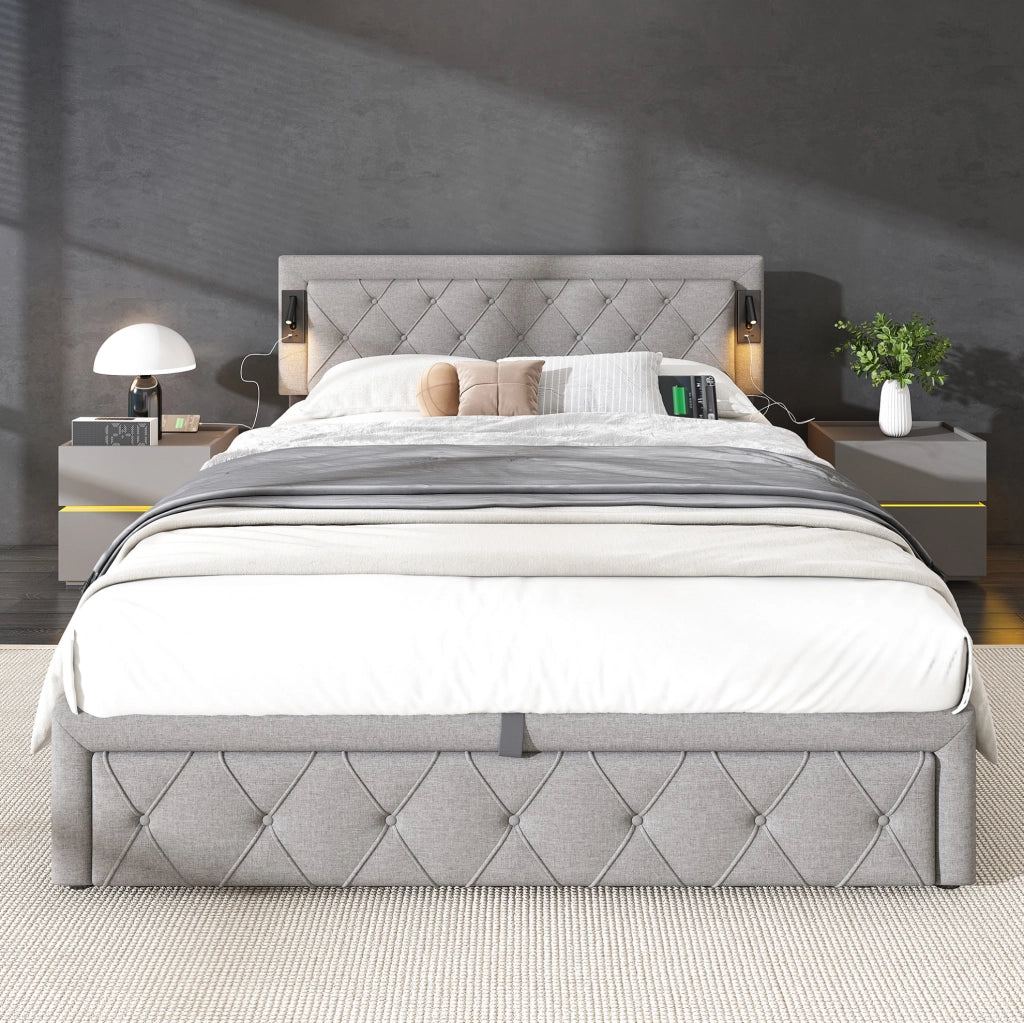 Letto imbottito contenitore con Downlight e USB; rete a doghe in legno; lino grigio