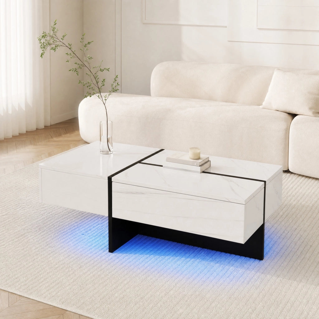 Tavolino da salotto lucido effetto marmo bianco 100 x 50 x 34;5 cm con LED App e 3 cassetti
