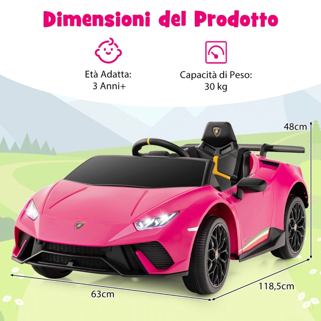 Auto elettrica 12V con telecomando luci LED musica clacson e sospensioni a molla, Auto sportiva a batteria Rosa-Macchinine giocattoli