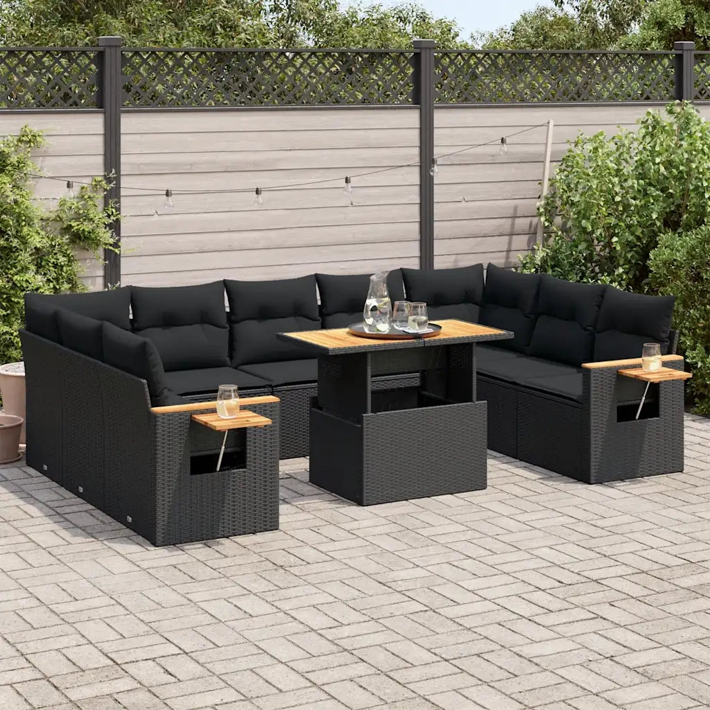 Set Divani Giardino 10pz con Cuscini Nero in Polyrattan Acacia 3327639