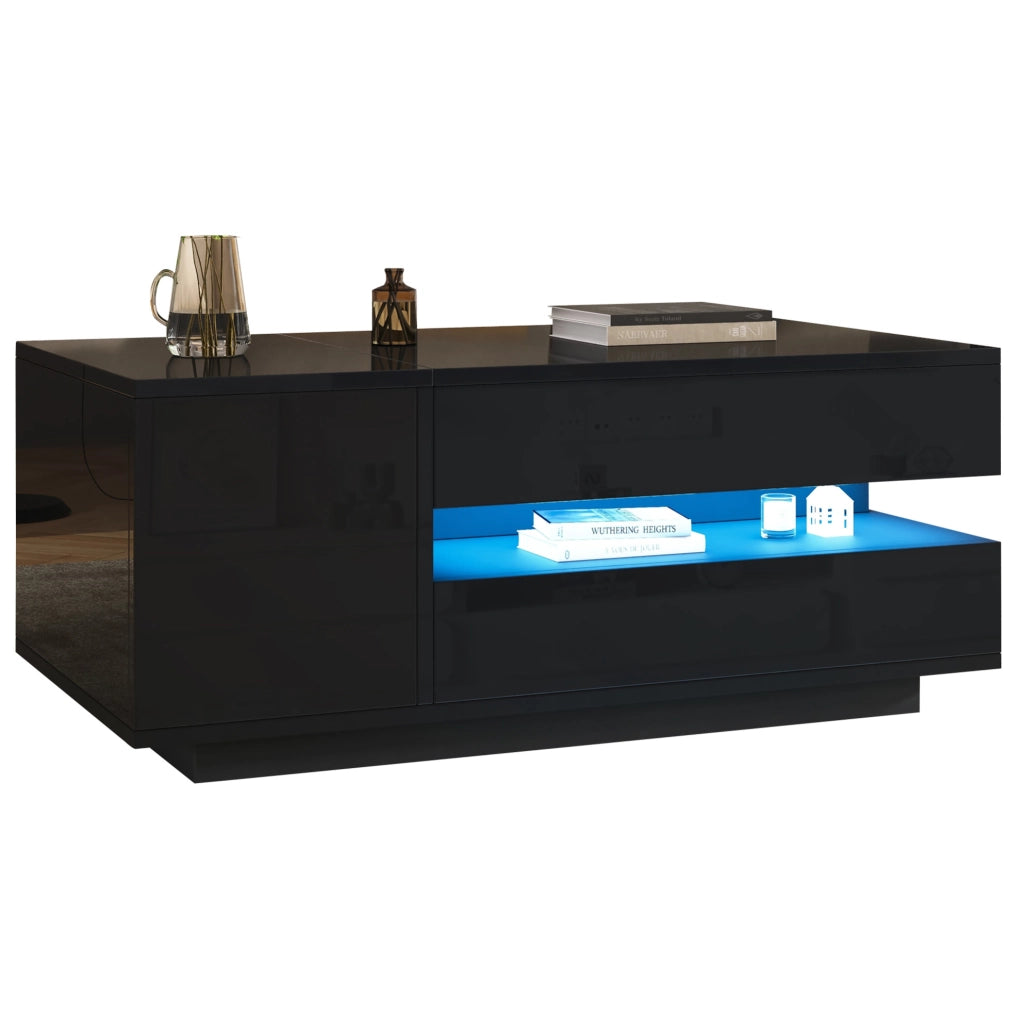 Tavolino da caffè sollevabile 95x50x40 cm con LED; nero lucido; in truciolare